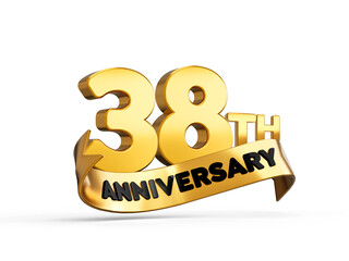 38th or Thirty eighth anniversary in gold on white background with shadow. 3d illustration