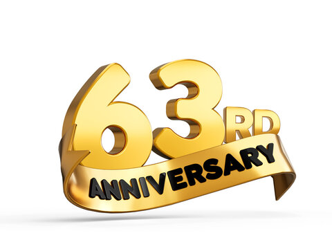 63rd or Sixty Third anniversary in gold on white background with shadow. 3d illustration