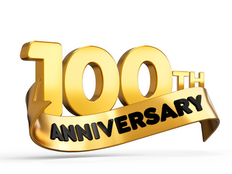 100th or hundredth anniversary in gold on white background with shadow. 3d illustration