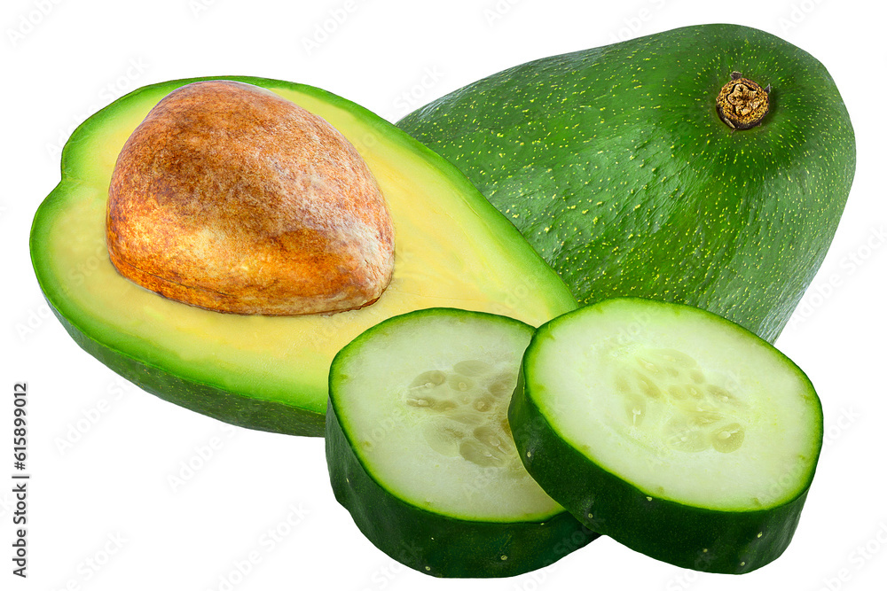 Poster isolated avocado and cucumber. one and half cut avocado and slice cucumber isolated on white backgro