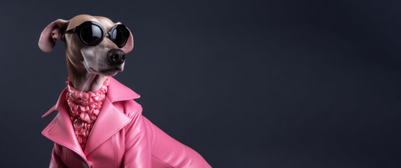 Cool looking dog wearing pink funky fashion dress - jacket, tie, glasses. Wide banner with space for text right side. Stylish animal posing as supermodel. Generative AI