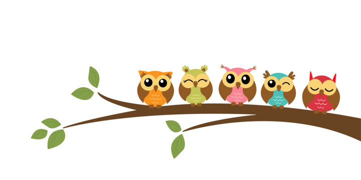 Five cute colorful vector owls are sitting in a row on a tree branch. Wall decor, wall art sticker, banner, home decoration, nursery