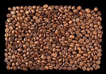 Pattern of roasted Arabica coffee beans, contrasting black background