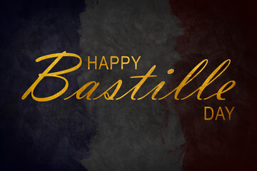 Happy Bastille Day. 14th July. Flag of France on a blue background with text. Celebrating a public...