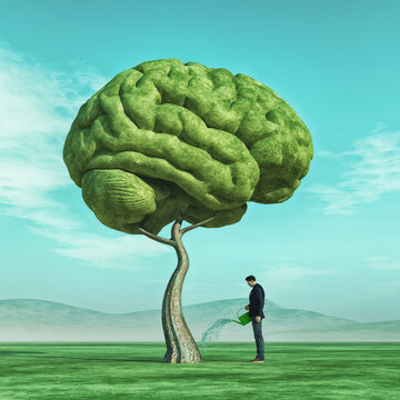 Conceptual image of a man squirting a big tree shaped human brain on a green field.   This is a 3d render illustration.
