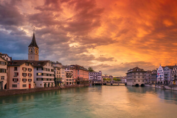 Cityscape image of Zurich, Switzerland during dramatic sunset.
