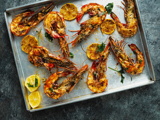 close up of rustic piri-piri grilled prawn