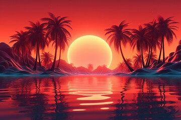 3d sunset on the beach. Retro palms sci fi background with ocean. Sun reflection in water. Futuristic landscape 1980s style. Created with Generative AI.