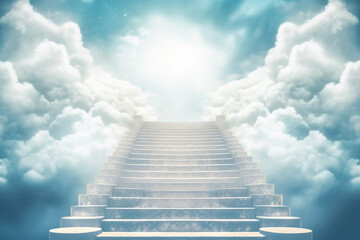 Stairway to heaven, stone staircase leading to bright glow in distance, clouds around. Generative AI