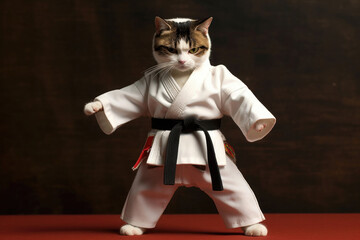 Cat wearing kimono for martial arts. Kitten practicing kung fu or karate. Anthropomorphic fighter. Created with Generative AI - obrazy, fototapety, plakaty