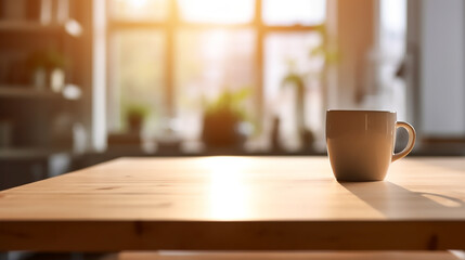 Fototapeta premium Empty wooden tabletop, counter, desk background over blur perspective kitchen background, wood table worktop for product placement, blurred kitchen, product display mockup,Generative AI