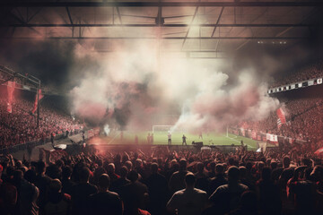 Fototapeta na wymiar Fans at stadium are burning flares and smoke bombs. Football stadium during soccer match. Created with Generative AI