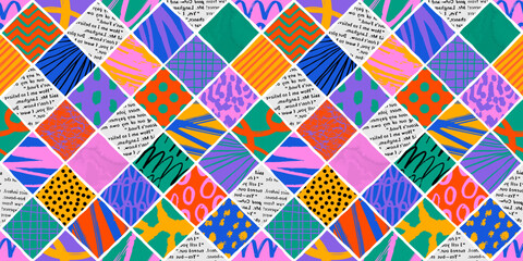 Colorful square mosaic grid seamless pattern with collage art texture. Modern contemporary art background, checkered geometric shape hand drawn print, maximalist patchwork paint wallpaper.	
