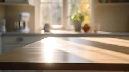 Empty wooden tabletop, counter, desk background over blur perspective kitchen background, wood table worktop for product placement, blurred kitchen, product display mockup,Generative AI