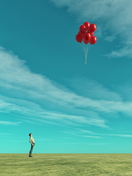 A man looks at red balloons flying. This is a 3d render illustration.