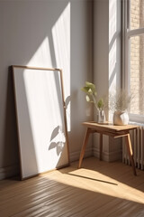 Fototapeta na wymiar Minimal mockup of simple vertical wooden picture frame in a pastel light colored interior. Shadows from window. Generative AI photo imitation.