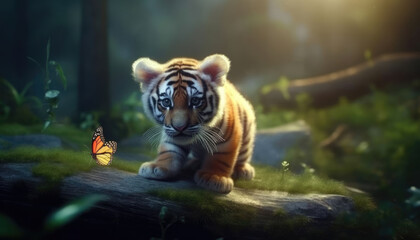 Small tiger playing with butterfly