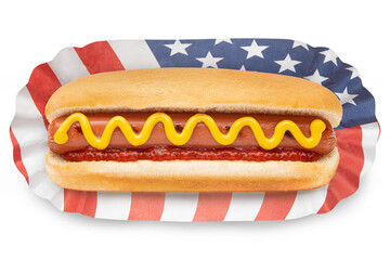 Hot Dog. Hot Dog on American US or USA Flag. Classic Hot Dog bun with pork or beef sausage, wiener...