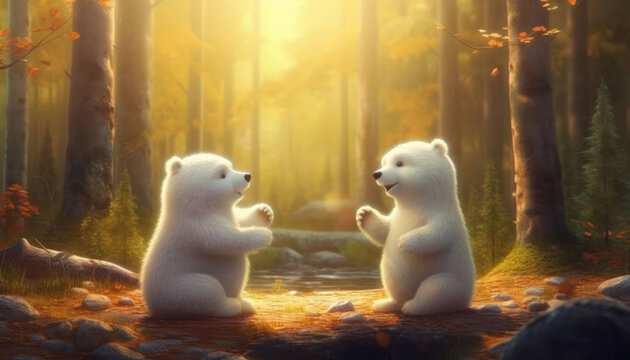 Funny white bears are playing with each other