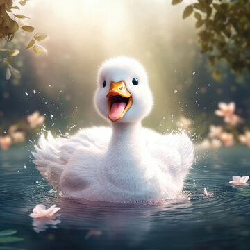 Happy baby white swan in a lake