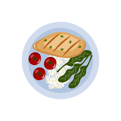 Healthy food,  grilled chicken fillet with salad and rice. Flat design vector illustration. Png 