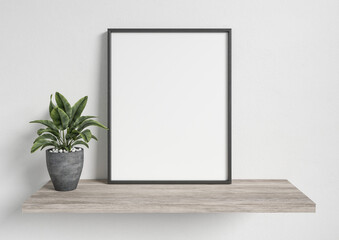 Vertical Frame Mockup 8x10 on wooden shelf with green plant in concrete vase. 3D Rendering