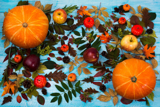 Thanksgiving  greeting with pumpkin, apples and autumn leaves on blue wooden table. Fall background with vegetables, cones and fruits