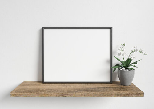 Horizontal Frame Mockup 8x10 on wooden shelf with orchidea plant in concrete vase. 3D Rendering