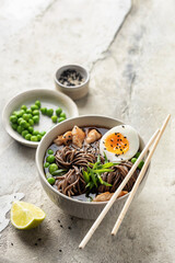 Asian soba noodle soup, with chicken, boiled egg, sesame seeds, green pea and green onion served with chopsticks. Text space