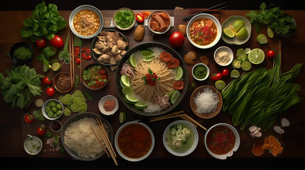 Obraz na płótnie Canvas Table with products and dishes of Korean and Asian cuisine