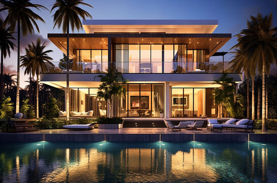 Modern villa with panoramic windows and a swimming pool in the evening light