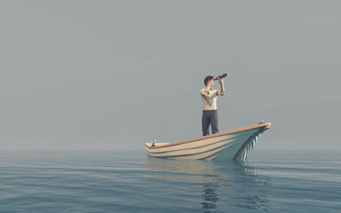 Man watching through a spyglass in a boat afloat the sea. This is a 3d render illustration