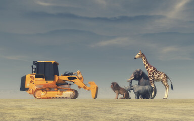 A yellow bulldozer face to face with wild animals (an elephant, a lion, a rhinoceros and a giraffe). Conceptual image. This is a 3d render illustration.