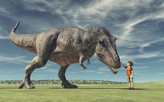 A boy and a big dinosaur. Conceptual image. This is a 3d render illustration.