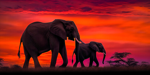 Captivating mother elephant and calf walking side by side at sunset, silhouettes against vibrant orange and purple sky, trunks entwined, evoking strong emotion. Generative AI