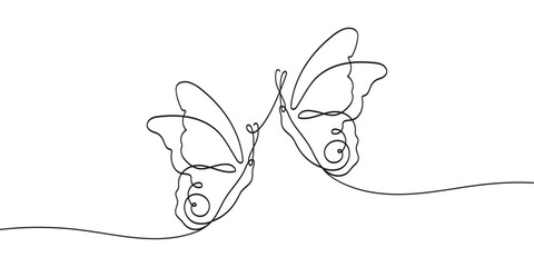 Continuous line drawing of beautiful butterflies. Minimalist black linear sketch isolated on white background.