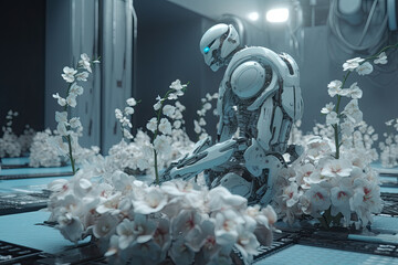 a robot sitting on top of a table with flowers in front of him and looking at his reflection behind him