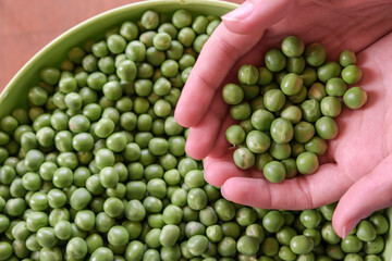 Close-up of a lot of ripe peas in hands. Green pea in a green bowl. Tasty and healthy food. Vegetables