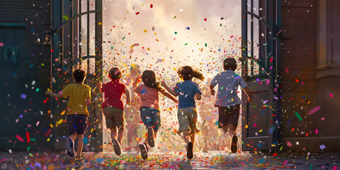 Captivating image of children, seen from behind, excitedly leaving school with bouncing backpacks and magical confetti raining vibrant colors, embodying the thrill of holiday start. Generative AI