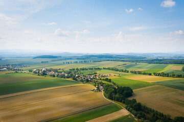 Fototapeta na wymiar Drone view of beautiful, countryside landscape. Bobolice, aerial view of polish village, Lower Silesian landscape. 