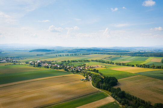 Drone view of beautiful, countryside landscape. Bobolice, aerial view of polish village, Lower Silesian landscape.