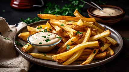 A plate of crispy french fries, perfectly seasoned and accompanied by a creamy dip sauce