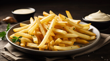 A plate of crispy french fries, perfectly seasoned and accompanied by a creamy dip sauce