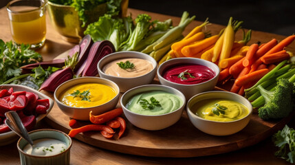 A plate of colorful and crisp vegetable crudit&eacute;s with a variety of dipping sauces