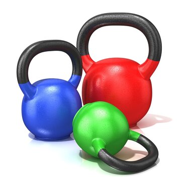 Red, green and blue kettle bells weights isolated on a white background. 3D render illustration.