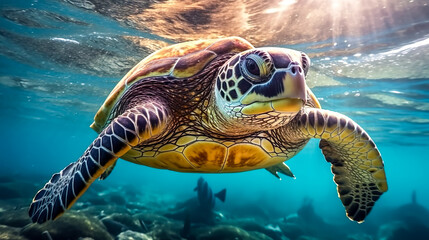 Obraz premium Close-up of an insanely realistic green sea turtle (Generative AI)