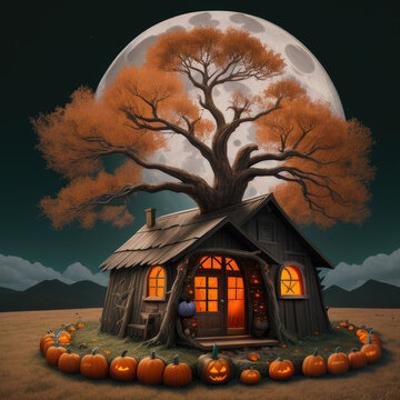 AI generative illustration with whitch hut and halloween pumpkins under full moon
