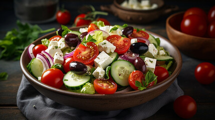 A bowl of refreshing Greek salad, consisting of cucumbers, tomatoes, olives, and feta cheese