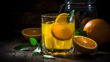 Fototapeta premium A glass of freshly squeezed orange juice, garnished with fresh orange slices