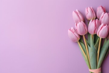 Purple background with tulips. Illustration AI Generative.